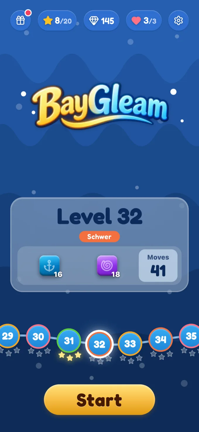 BayGleam-Startbildschirm: Level 32 mit Zielen, Level-Pfad und goldenem Start-Button.