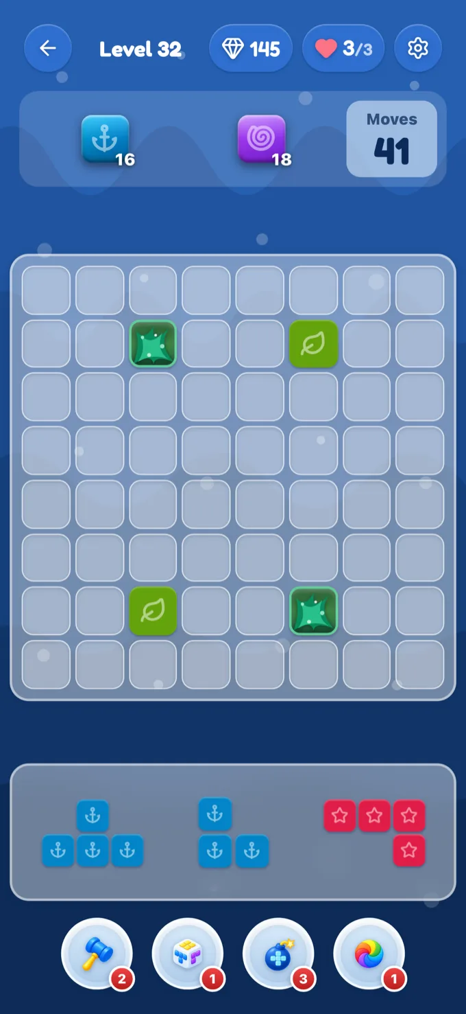 Spielfeld mit Block-Dock, Ziel-Kacheln und Booster-Leiste.