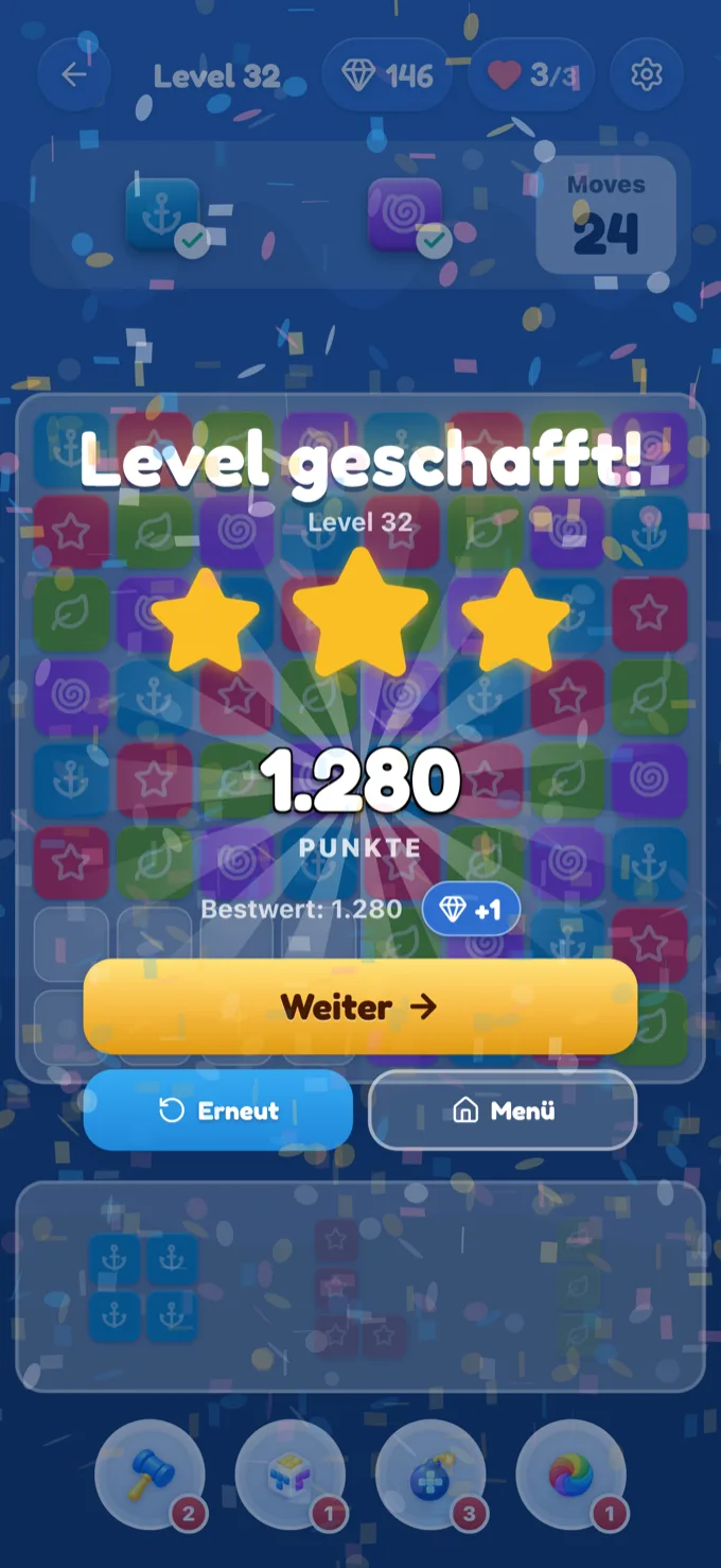 Level geschafft: drei Sterne und Konfetti.