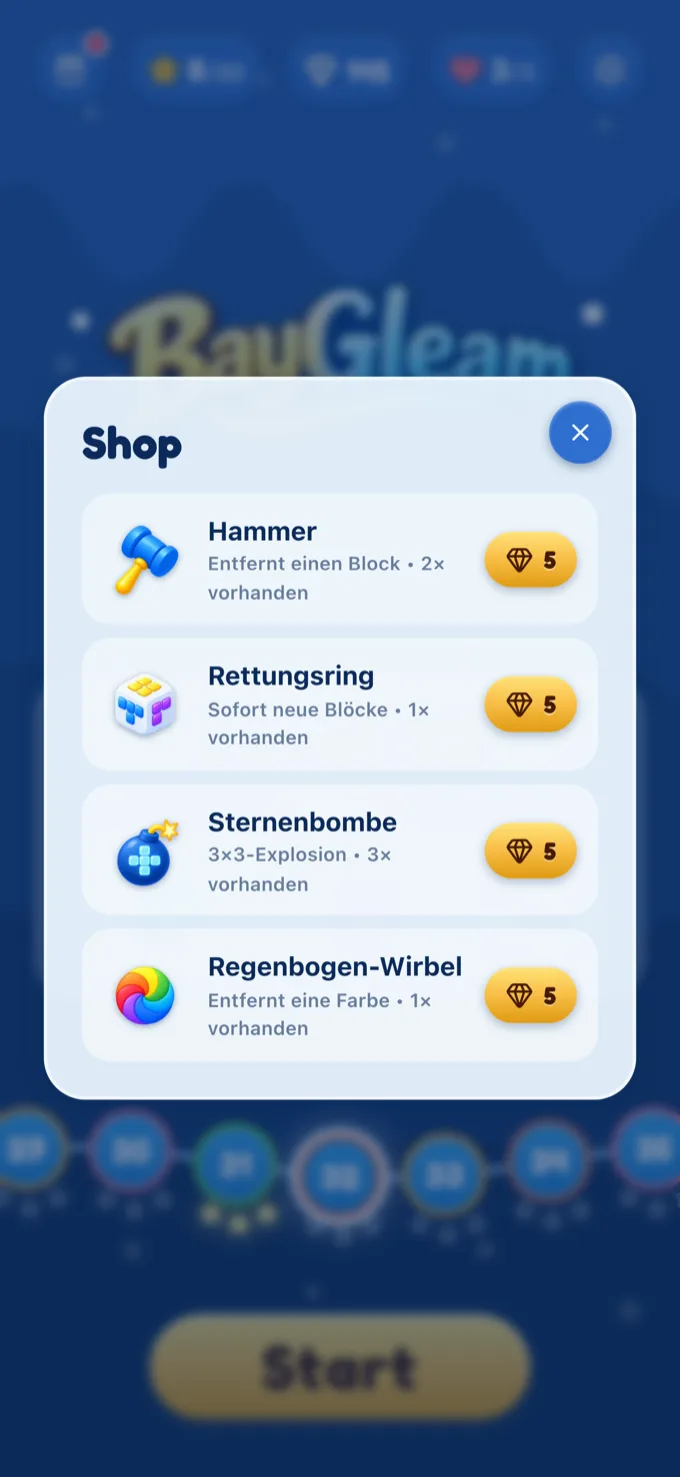 Booster-Shop: Hammer, Rettungsring, Sternenbombe und Regenbogen-Wirbel für Diamanten.